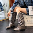 ウエスタンジョッキーブーツ レディース 脚長効果 通気性 滑り止め 牛革 ミラルドカラー レトロ ポインテッドトゥ スタッズ太ヒール 6-8cm高ヒール ロング ミドル丈 秋冬 ブロンズ ブラック