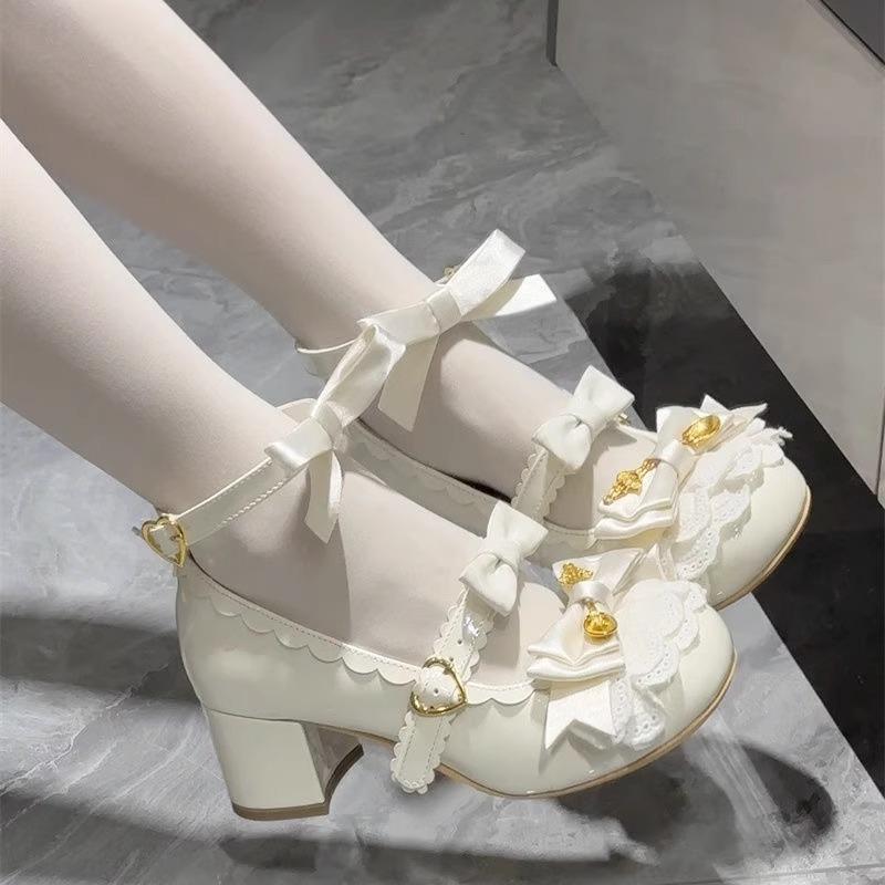 パンプス レディース ロリータ メリージェーン 魔法のステッキモチーフ ラウンドトゥ リボン かわいい 厚底 PU素材 4cmヒール 春夏 ガーリー フェアリースタイル