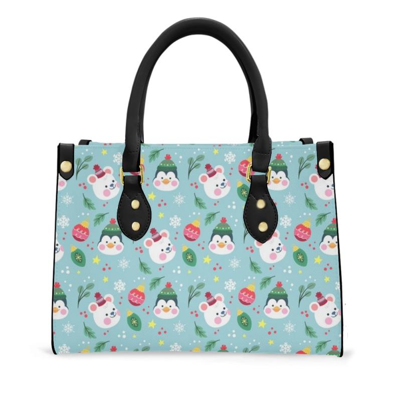 バッグ レディース クリスマス スノーマン柄 PUレザー ハンドバッグ ショルダーバッグ 斜めがけ 中サイズ 収納力抜群 横型スクエア ファスナーポケット 仕切...