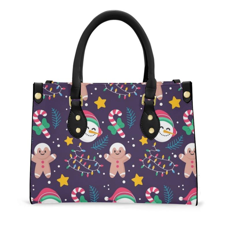 バッグ PUレザー ミニ スクエア型 横型 ハンドバッグ ショルダーバッグ 斜め掛けバッグ ファスナーポケット スマホポケット 仕切り付き ややソフト クリスマスツリー ジンジャーブレッドマン プリント柄 デイリーユース お出かけ 通勤