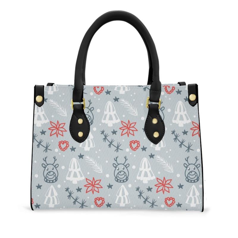 鞄 レディース クリスマス 雪の結晶 トナカイ イラスト柄 PUレザー 2WAYバッグ デイリーユース カジュアル 中型 横型 スクエア ソフト ファスナーポケ...