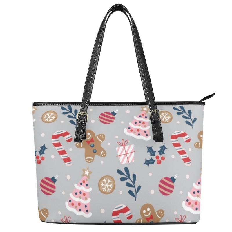 トートバッグ レディース 欧米風 クリスマス ジンジャーブレッドマン プリント PUレザー ハンドバッグ ショルダーバッグ 2WAY ラウンドフォルム 横型 A...
