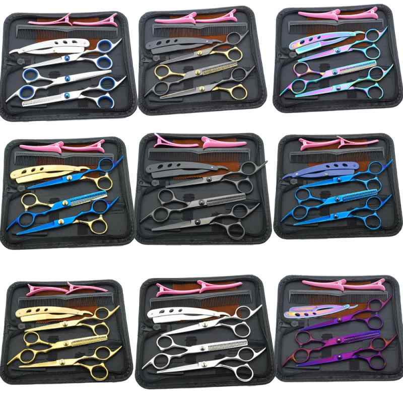 理髪ハサミ プロ用 家庭用 美容師 理容師向け 6インチ 高ネジ オフセットハンドル ブラック ゴールド カットセニングシザー 散髪バサミセット