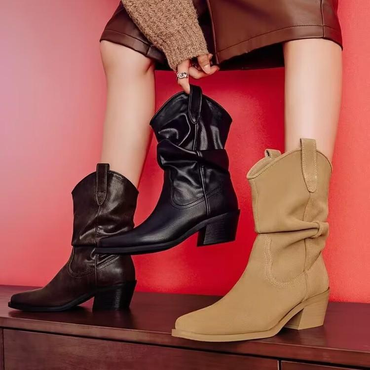 ライダーブーツ レディース 保温 履きやすい レトロ ポインテッドトゥ ミドル丈 ウエスタンブーツ ルーズブーツ チャンキーヒール 太ヒール 合皮 ローヒール 秋冬