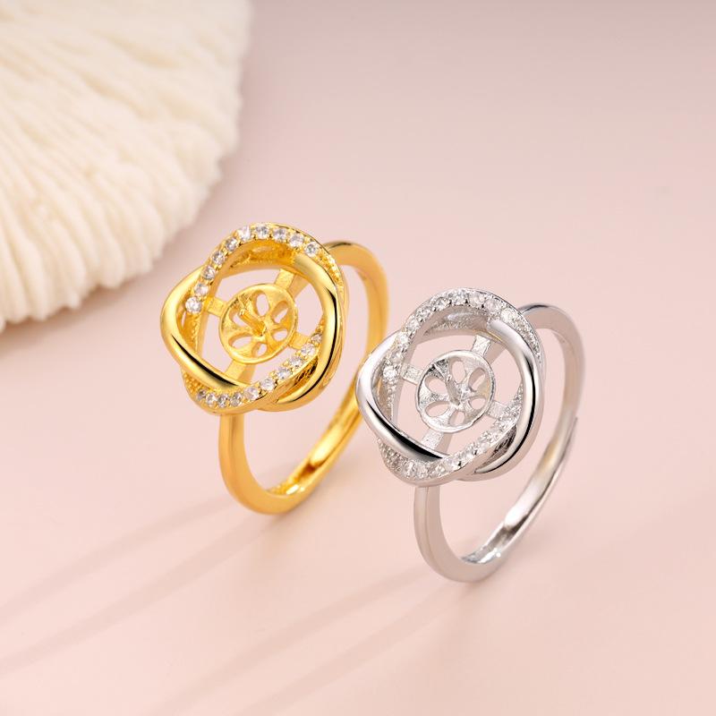 指輪 レディース DIY パール用 定番 鳥の巣デザイン マイクロパヴェ ジルコニア 18K金メッキ 銅製 空枠 アクセサリーパーツ サイズ調整可能 ゴールドカラー ホワイトゴールドカラー(4)