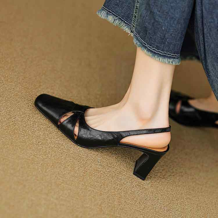 サンダル レディース 女性用 高級感 本革 羊革 超ソフト 柔らかな履き心地 レトロ フレンチ スクエアトゥ スリングバック カットアウト 太ヒール 安定感 歩きやすい ハイヒール 美脚効果 通勤 オフィス ブラック アイボリー