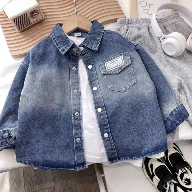 デニムジャケット 男の子 キッズ ジュニア 柔らか ソフト 春秋 グラデーション 襟付き 前ボタン カジュ..