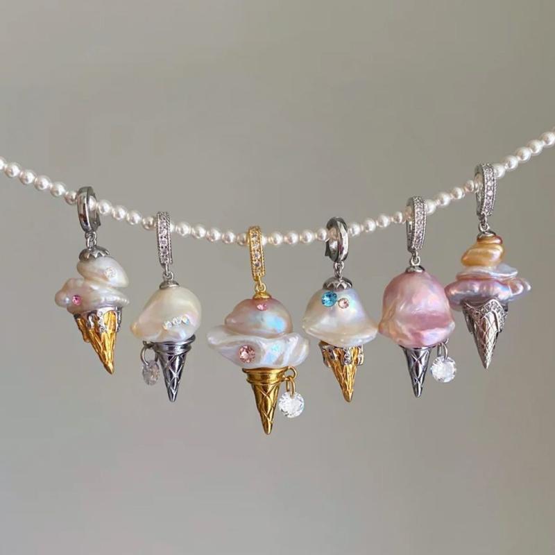 ネックレス レディース 銅製 電気メッキ加工 パール チェーン アイスクリームモチーフ 鎖骨チェーン 欧米風 個性的デザイン 高級感 上品 エレガント かわいい アクセサリー