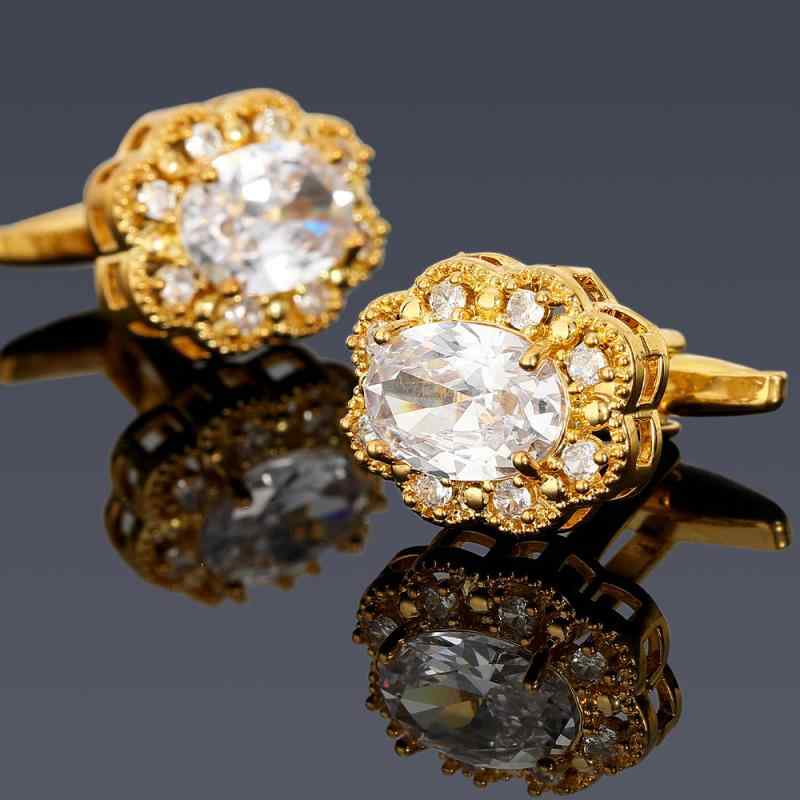 カフスボタン メンズ 男性用 ゴールドカラー ジルコニア クリスタル 銅製 フレンチスタイル シャツ 袖..