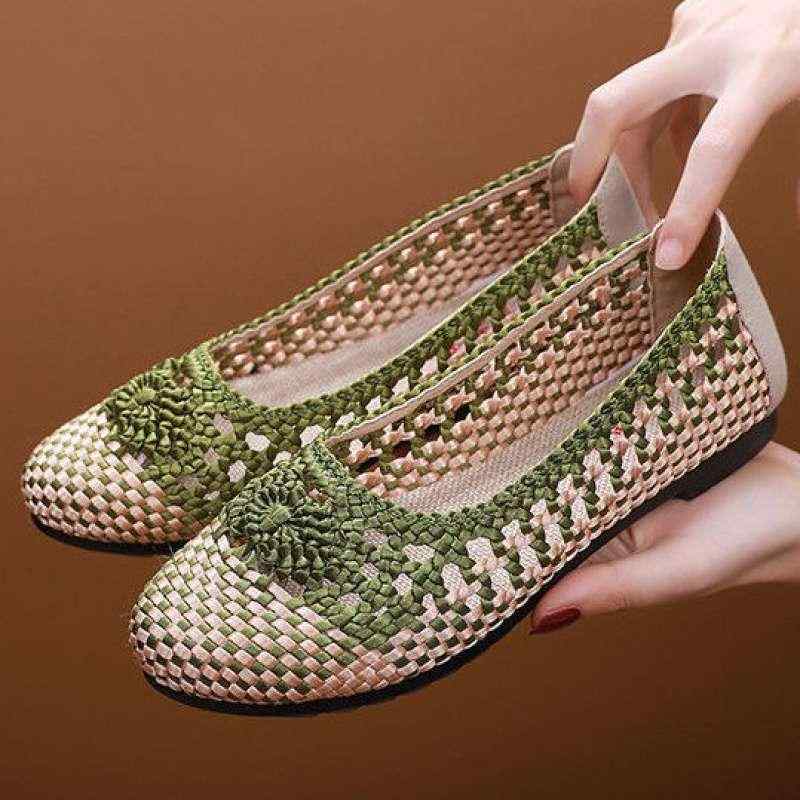 スリッポン レディース 通気性 軽量 滑り止め メッシュ 手編み カジュアル フラットシューズ ソフトな履き心地 ラウンドトゥ 春夏 中高年 ママ世代