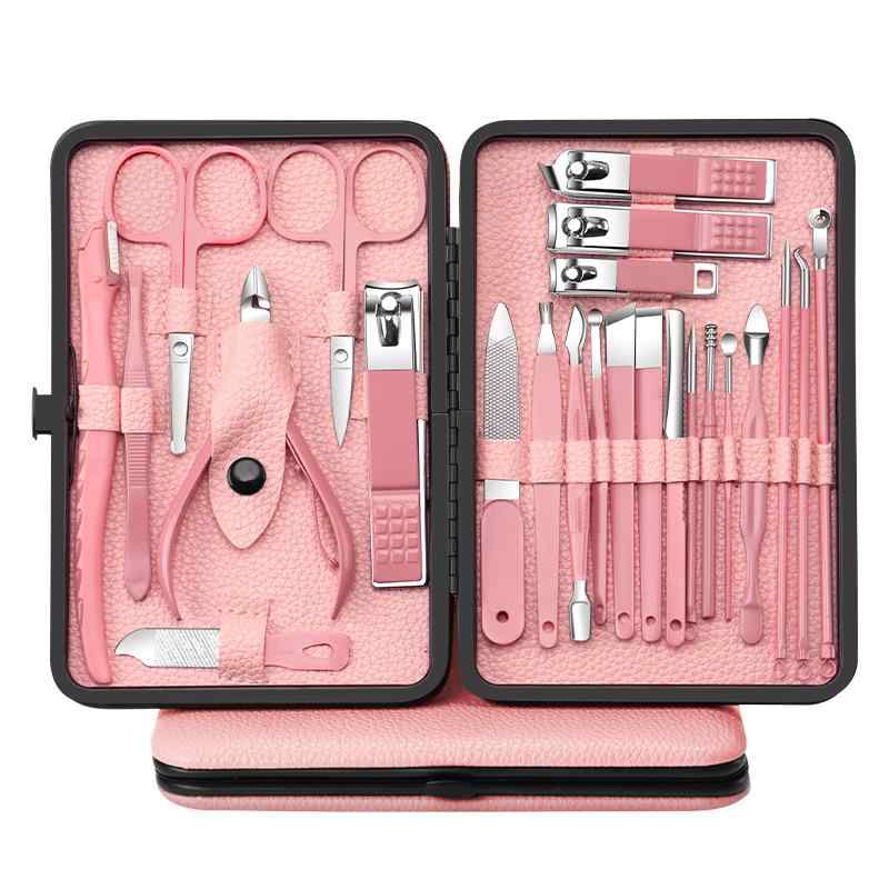 爪切りセット 男女兼用 プロ仕様 ステンレス製 24点セット ピンク ライチ柄ケース付き 甘皮切り 爪やすり ハサミ ピンセット 携帯用 耐久性 セルフネイル ...