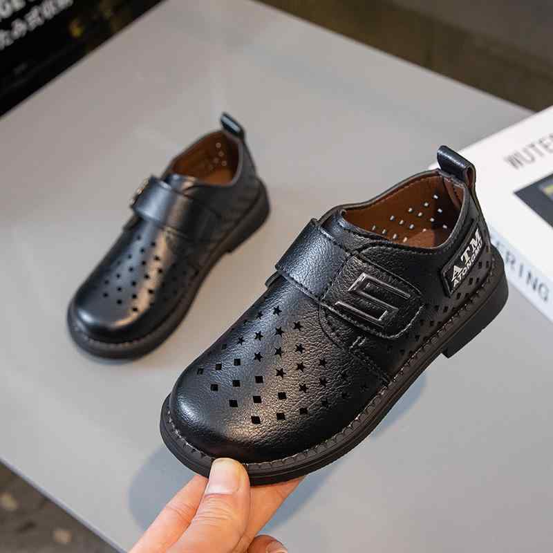 サンダル キッズ 男の子 通気性 軽量 ソフトソール 衝撃吸収 面ファスナー スリッポン ブラック 黒 メッシュ くり抜き レザー調 学生用 スクール 通学 お出かけ 普段使い カジュアル 滑り止め グリップソール 耐摩耗 吸汗性