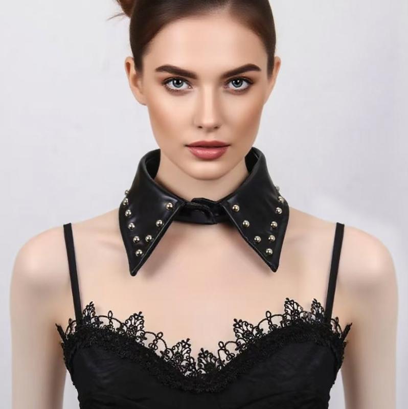 付け襟 レディース 取り外し可能 ゴシック パンク ロック スタイル 金属スタッズ フェイクレザー スタンドカラー ハンドメイド ビーズ装飾 ブラック