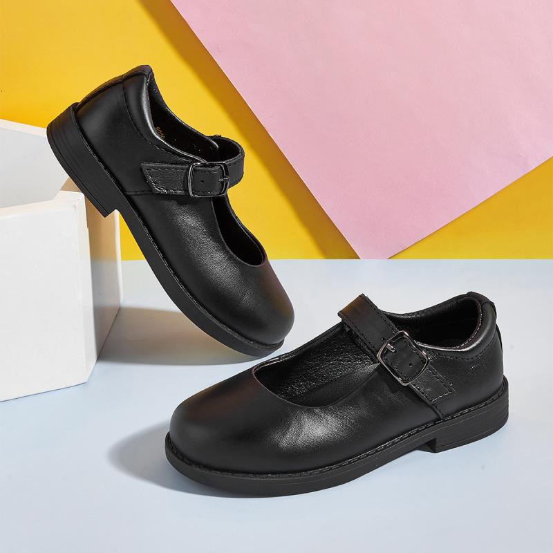 パンプス キッズ 女の子 マジックテープ 本革 ブラック ラウンドトゥ フラットシューズ スクール 学生 ..