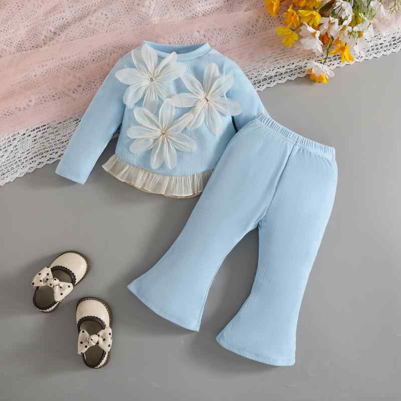 ・カテゴリ: キッズセット・性別: 女性・スタイル: 欧米風・セットタイプ: パンツセット・セット内容: 2点セット・対象年齢: 新生児（0〜1歳目安）・対象季節: 冬、春、秋・袖丈: 長袖・パンツ丈: ロング丈・生地加工: 柔らか仕上げ・厚さ: 普通・柄: 無地・主な素材: ポリエステル95%・生地: ニット・開閉タイプ: プルオーバー・カラー: ライトブルー・サイズ展開: 6-9ヶ月、9-12ヶ月、12-18ヶ月、18-24ヶ月、3歳