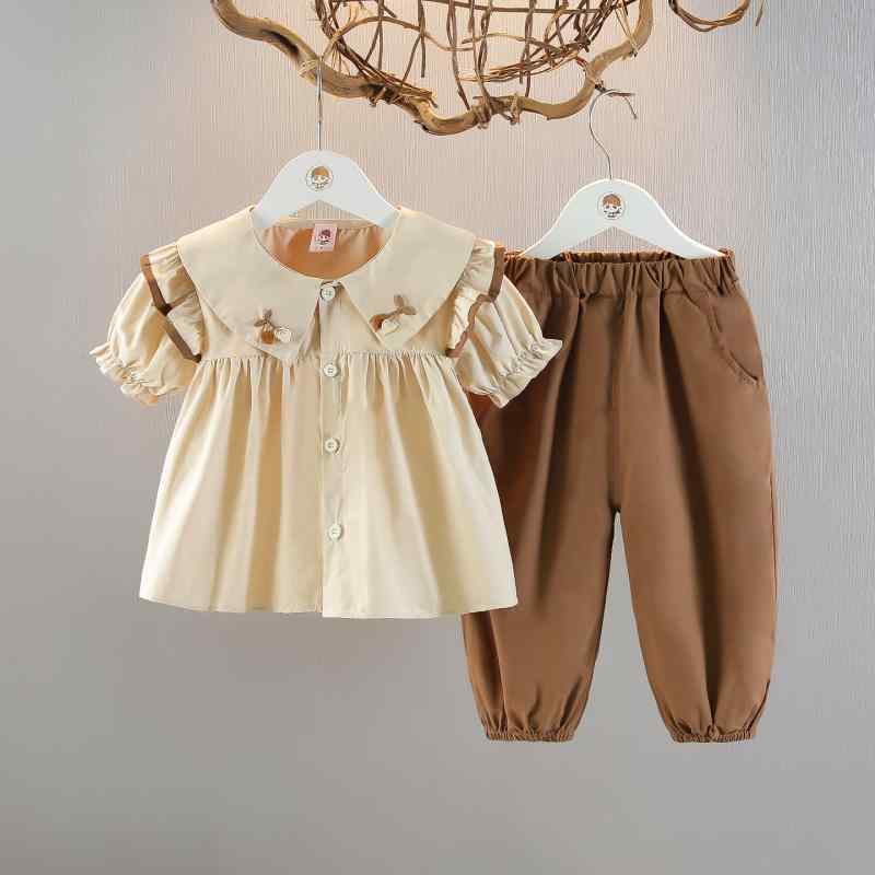 ベビー服 女の子 A類安全基準 綿100% 薄手 半袖 七分丈パンツ 花柄 フリル かわいい パンツ 2点セット 夏物 幼児服 80cm 90cm 100cm ダ..