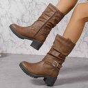 ブーツ レディース 厚底 ミドル丈 ウエスタンブーツ カウボーイブーツ ミドルヒール 太ヒール チャンキーヒール ラウンドトゥ サイドジップ ベルトバックル レトロ ヴィンテージ PUレザー