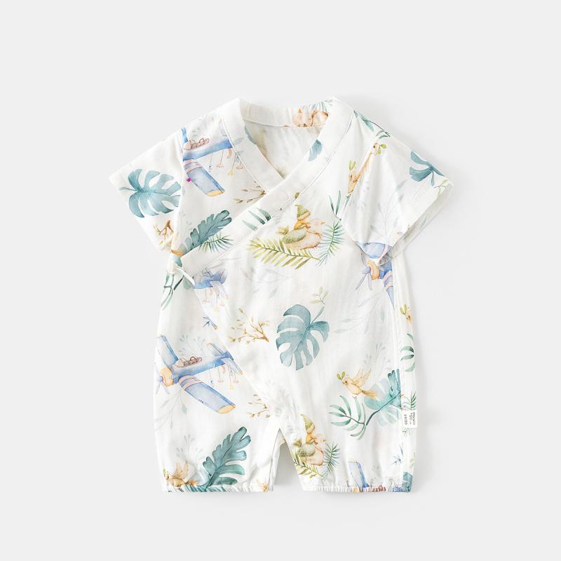 ロンパース ベビー 男女兼用 竹繊維ガーゼ 吸湿速乾 通気性 接触冷感 薄手 前開き 紐結び 半袖 カバーオール 赤ちゃん 新生児 夏物