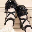 パンプス レディース ロリータ 日系 かわいい レース リボン 甲ストラップ ラウンドトゥ 厚底 ヒール3cm 4cm 5cm エナメル PUレザー 学生 通学用 普段使い オールシーズン 黒