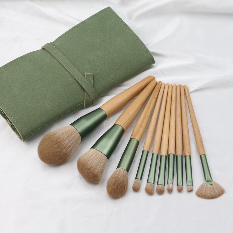 メイクブラシセット 10本セット 携帯用 人工毛 木製ハンドル PUレザーケース付き 肌に優しい パウダー チーク アイシャドウ フェイス用