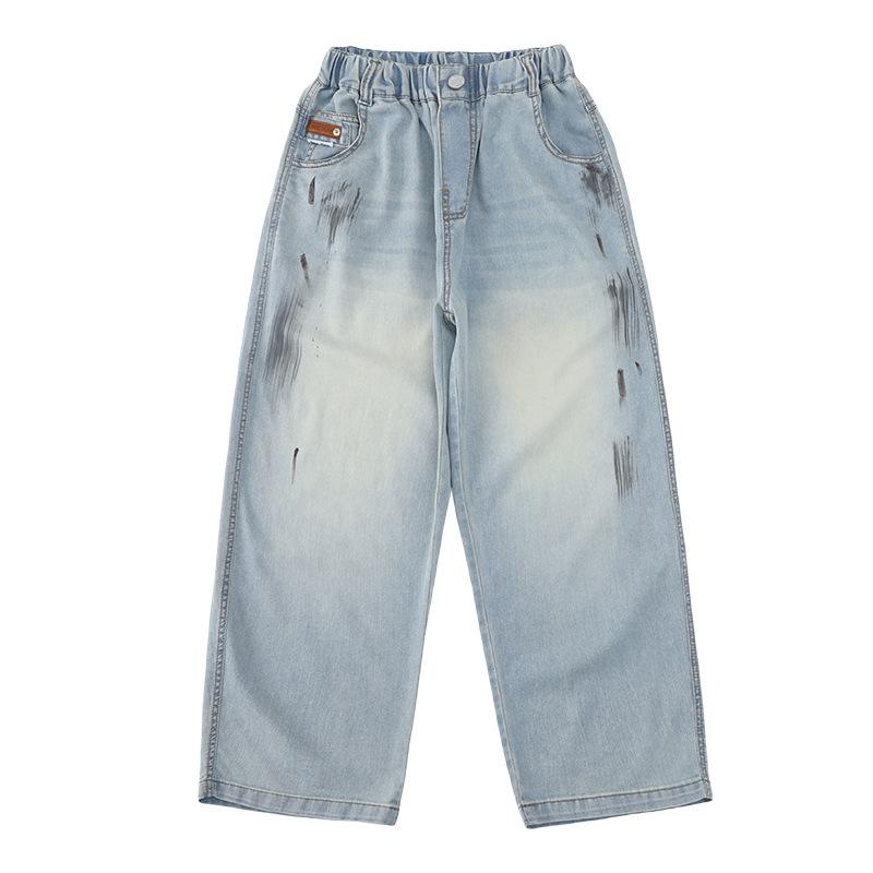 パンツ キッズ 男の子 薄手 デニム ストレート 虫よけ 小学生 中学生 ジュニア カジュアル ロングパンツ ウエストゴム 柔らかな肌触り ライトブルー 無地