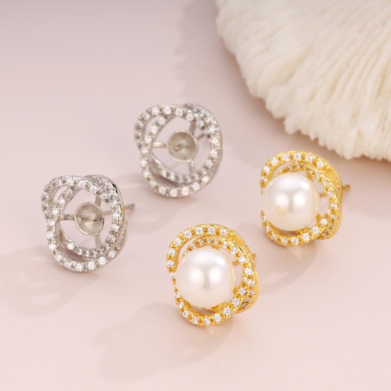 ピアス レディース DIY用 パール向け 高級感 クラシック 電気メッキ加工 18K金メッキ ジルコニア マイクロパヴェ 鳥かご型 空枠 半製品 シルバー ゴールド