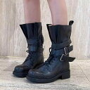 ブーツ レディース ロングブーツ ライダース エンジニア ウェスタン チャンキーヒール バックル ヴィンテージ加工 ラウンドトゥ 通気性 滑り止め 秋冬 ブラック ブラウン
