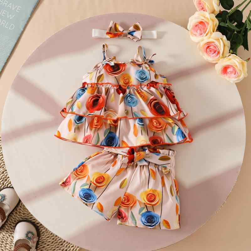 ベビー服 女の子 3Dプリント レトロ キャミソール ティアードトップス ショートパンツ ベルト 3点セッ..
