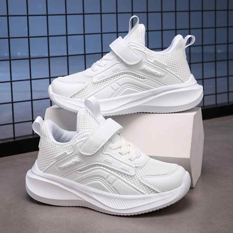 スニーカー キッズ ジュニア 男の子 女の子 男女兼用 通気性 軽量 ホワイト メッシュ 合皮 運動靴 スポーツ ランニング 普段使い カジュアル 面ファスナー EVAソール 通年