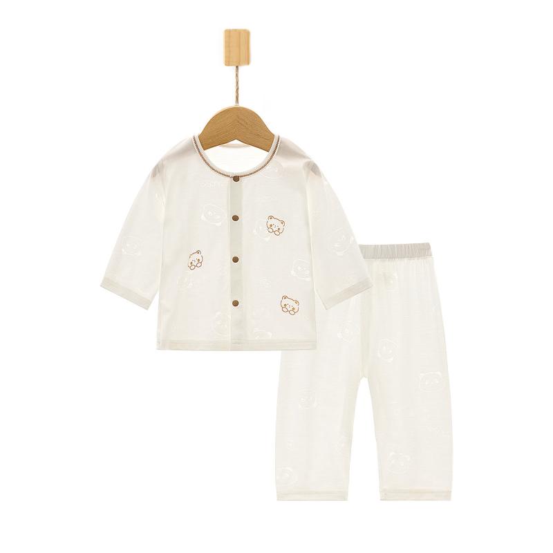 ベビー ルームウェア 新生児 男女兼用 吸湿速乾 薄手 軽量 やわらか 綿 夏 上下セット 丸首 ロングパンツ かわいい アニマル柄 冷房対策 部屋着 おむつ替え楽ちん