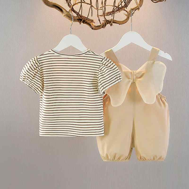ベビー 女の子 セットアップ Aクラス 綿 薄手 柔らか 半袖 ツーピース ストライプ柄 サロペット 七分丈パンツ 春夏 カジュアル かわいい 乳幼児 赤ちゃん