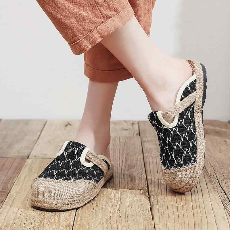 シューズ レディース 麻 リネン スリッポン 通気性 軽量 ハンドメイド エスパドリーユ 布製 キャンバス フラットソール ローヒール 田園風 レトロ ナチュラル 民族調 花柄 ラウンドトゥ 普段使い カジュアル(4)
