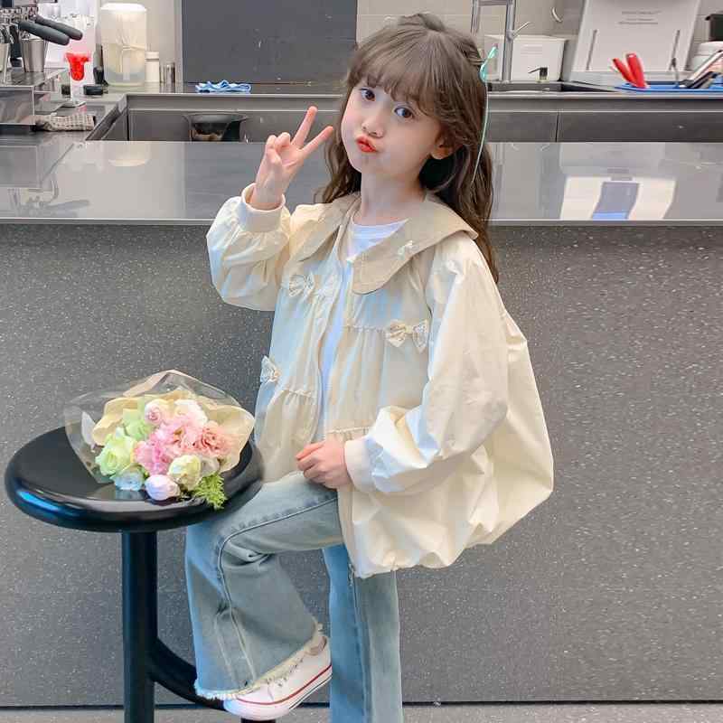 ジャケット キッズ 女の子 ジュニア アウター 春秋用 韓国風 リボン付き 丸襟 無地 ビニロン素材 アプ..