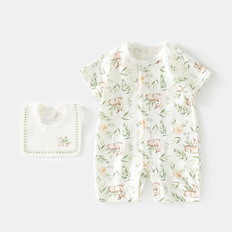 ロンパース ベビー 男女兼用 接触冷感 吸汗速乾 冷房対策 薄手 コットン 半袖 前開き 総柄 快適 部屋着 お出かけ カバーオール 夏物 1歳 2歳 3歳 80 90 100 サイズ