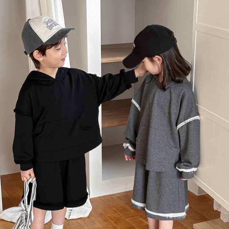 セットアップ キッズ ベビー 男女兼用 フード付き 切りっぱなし スポーツウェア パーカー ショートパン..