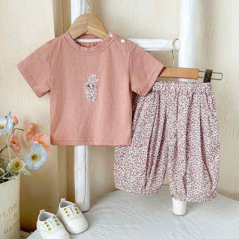 セットアップ ベビー ガールズ 春夏 半袖 ハーフパンツ 2点セット かわいい 柔らかい 薄手 綿混素材 韓国風 カジュアル 80cm 90cm 100cm