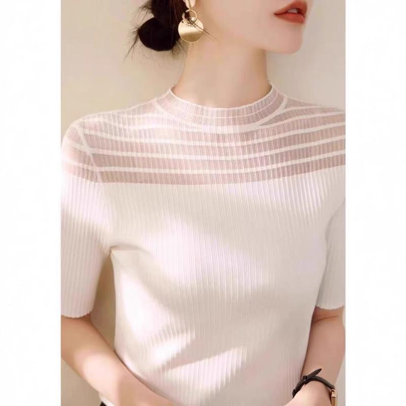 ニット レディース 春夏 ハイネック 半袖 薄手 シアー 透かし編み レース メッシュ スリムフィット アクリル カシミヤ混 オフィス 通勤 エレガント きれいめ