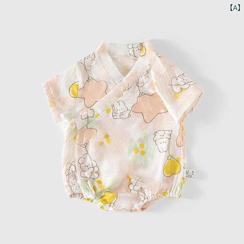 ロンパース 新生児 ベビー 男女兼用 ガーゼ 綿100% 薄手 吸湿速乾 通気性 和尚肌着 半袖 三角カバーオール 部屋着 パジャマ 出産祝い ギフト 春夏