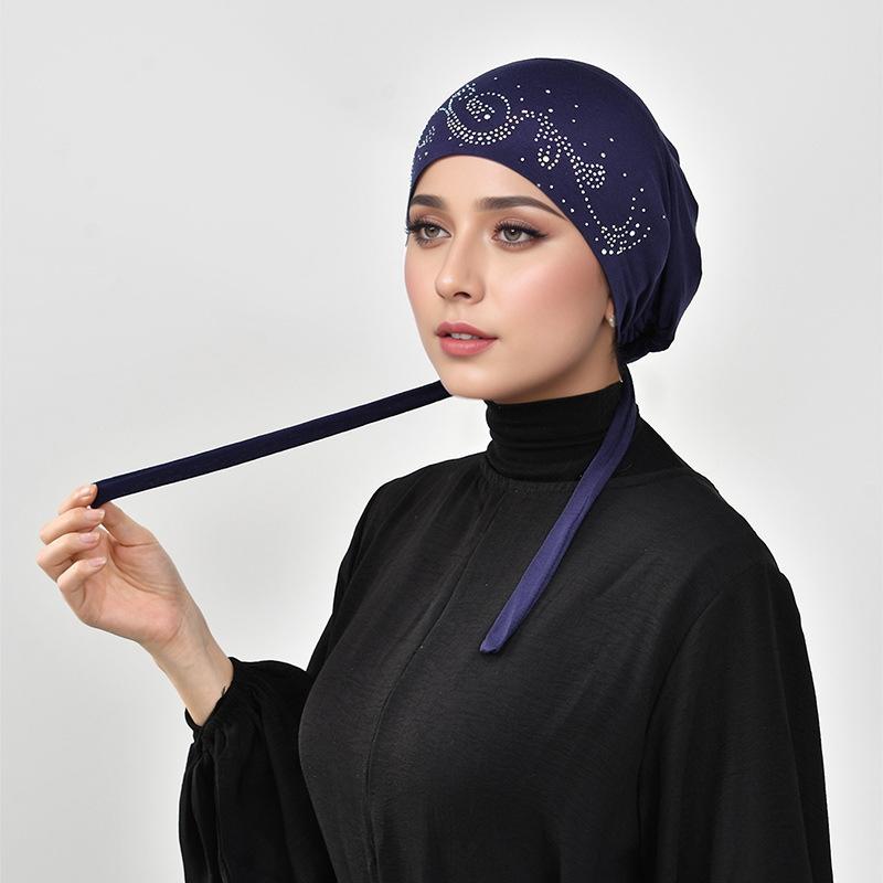 ヘッドスカーフ レディース ラインストーン レース 結び紐付き ゴム仕様 シルケットコットン 無地 エス..