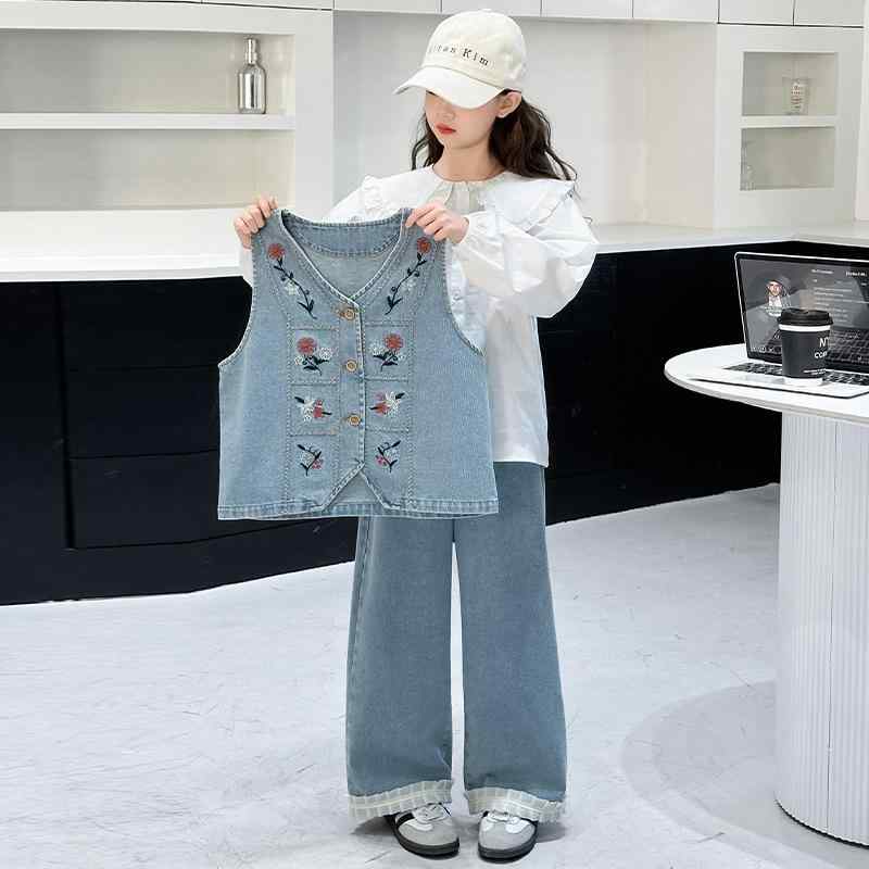 キッズ 女の子 デニムベスト カットソー ロングパンツ 3点セット 柔らかな肌触り 綿90% 韓国風 おしゃれ 春秋 通学 小学生 中学生 ジュニア服 セットアップ 子供服