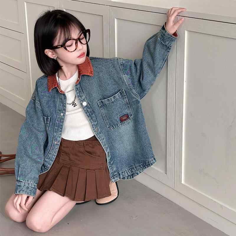 キッズ 女の子 ジュニア 柔らかな着心地 フードなし 長袖 デニムジャケット 春秋 襟付き シングルボタ..