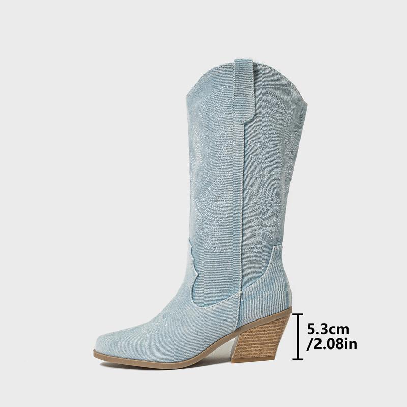 ウエスタンブーツ レディース 滑りにくい 暖か 耐久性 スタイルアップ 欧米風 レトロ 刺繍 Vカット ポインテッドトゥ チャンキーハイヒール ミドル丈 秋冬