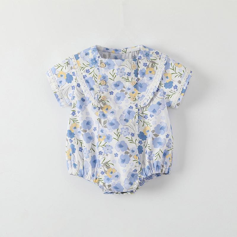 ロンパース 女の子 ベビー 新生児 春夏 かわいい ブルー 花柄 プリント 綿100% 薄手 半袖 股下スナップ 前開き ボディスーツ カバーオール 0歳 1歳 赤ちゃん服 出産祝い