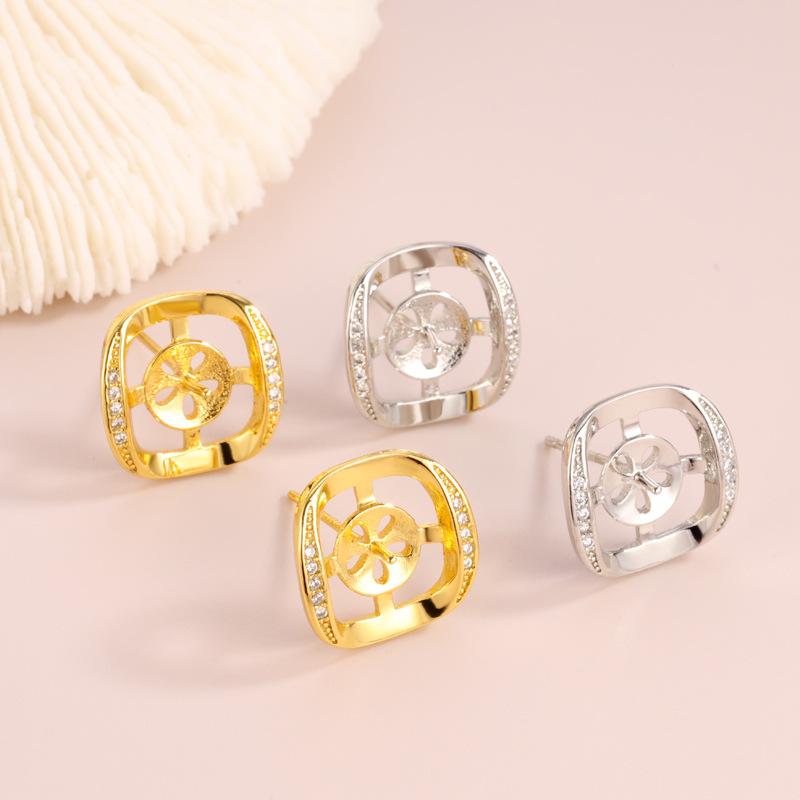 スタッドピアス 空枠 パーツ ハンドメイド DIY用 材料 素材 18Kゴールドメッキ 銅製 ジルコニア 透かし パール スクエア型 高級感 ジュエリー