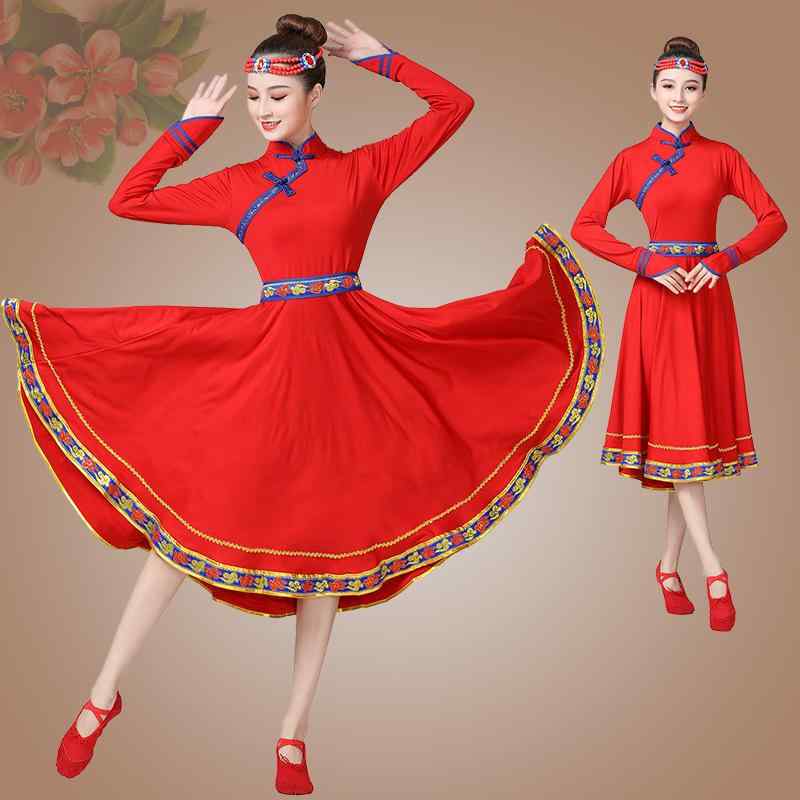 民族ダンス衣装 レディース 女性用 モンゴル族 少数民族 短丈 ショート丈 ワンピース ドレス 舞台 発表会 演舞 レッスン イベント コスチューム 再生繊維 ポリエステル フレアスカート 赤 宝青 大人用