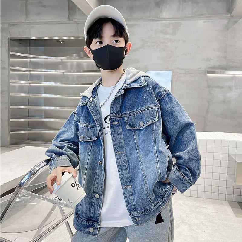 アウター キッズ 男の子 春秋 フード付き デニムジャケット ショート丈 無地 長袖 小学生 ジュニア 韓国風 おしゃれ カジュアル ソフト加工 通学用