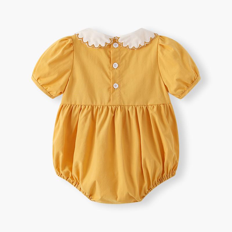 新生児 ベビー服 女の子 綿100% 薄手 無縫製 半袖 スモッキング 無地 ロンパース イエロー 韓国風 出産..