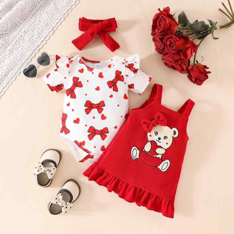 ベビー服 女の子 新生児服 夏 肌に優しい やわらか素材 かわいい リボン柄 プリント 半袖 三角ロンパース コーデュロイ くま サロペットスカート 3点セット