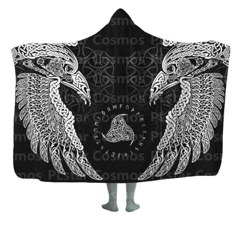 ブランケット ユニセックス 男女兼用 フード付き 裏起毛 フリース あったか 保温 もこもこ バイキング柄 プリント ポンチョ ルームウェア 昼寝毛布 秋冬春 冷え対策 大判 スポーツ カジュアル