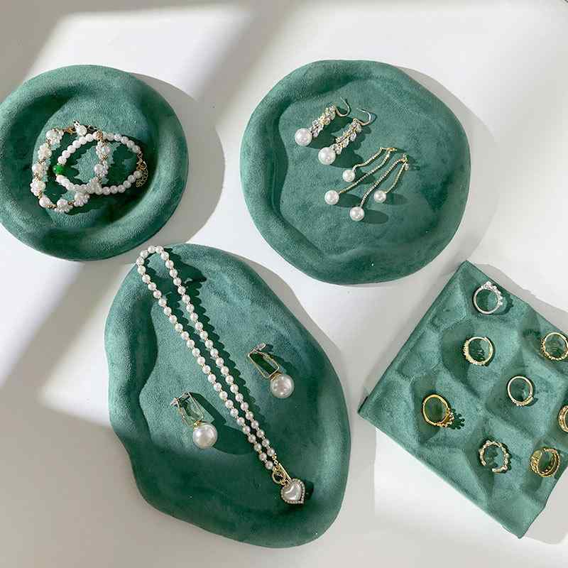 アクセサリー ディスプレイ スタンド レトロ ヴィンテージ 北欧風 布製 手作り フォレストグリーン イヤリング 指輪 ブレスレット 収納 陳列トレイ 撮影小物 ショップ 店舗用 カウンター